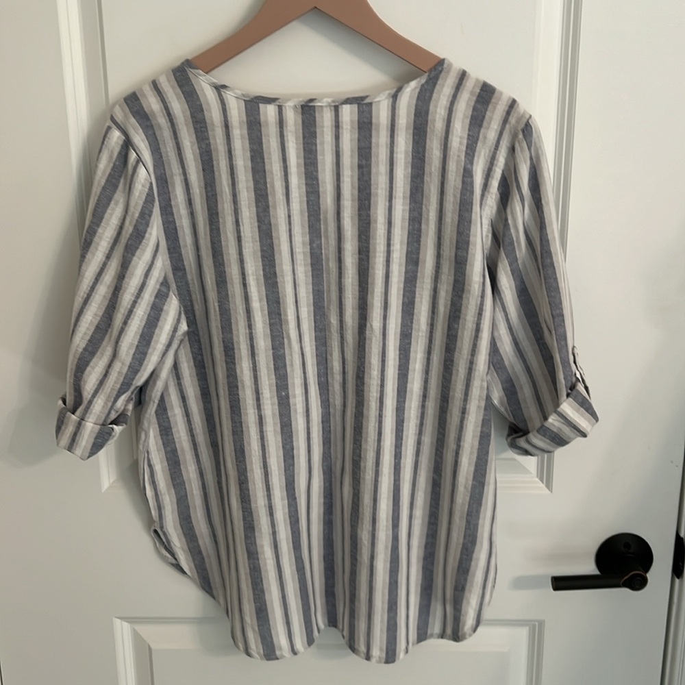 Linen Blend By Hester & Orchard Blue, Tan/Gray, White Striped Comfy Shirt Size M - Picture 5 of 10